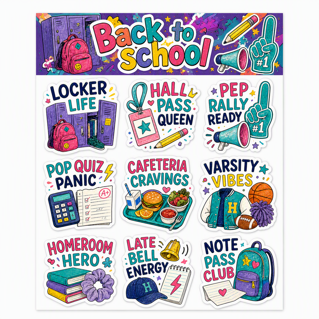 School Life & Study Vibes waterproof vinyl sticker pack – 9 designs