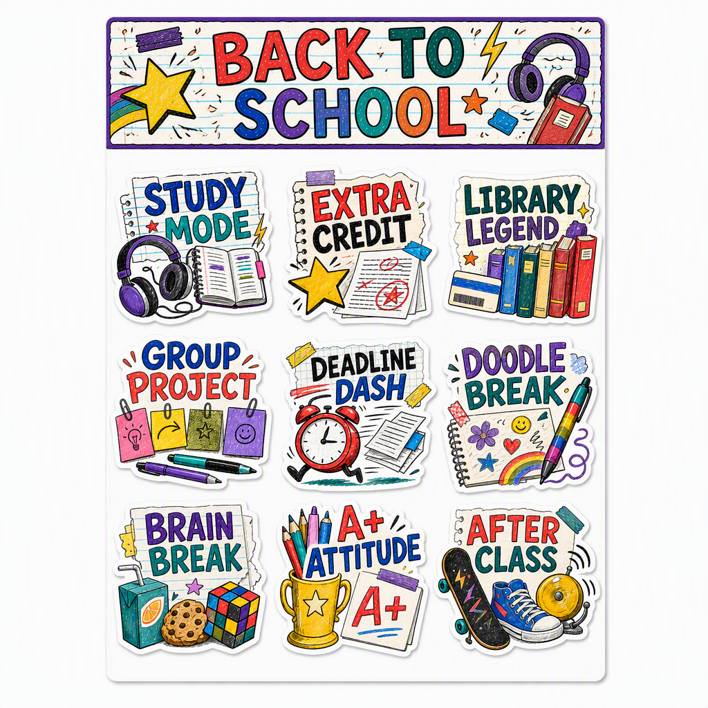 School Life & Study Vibes waterproof vinyl sticker pack – 9 designs