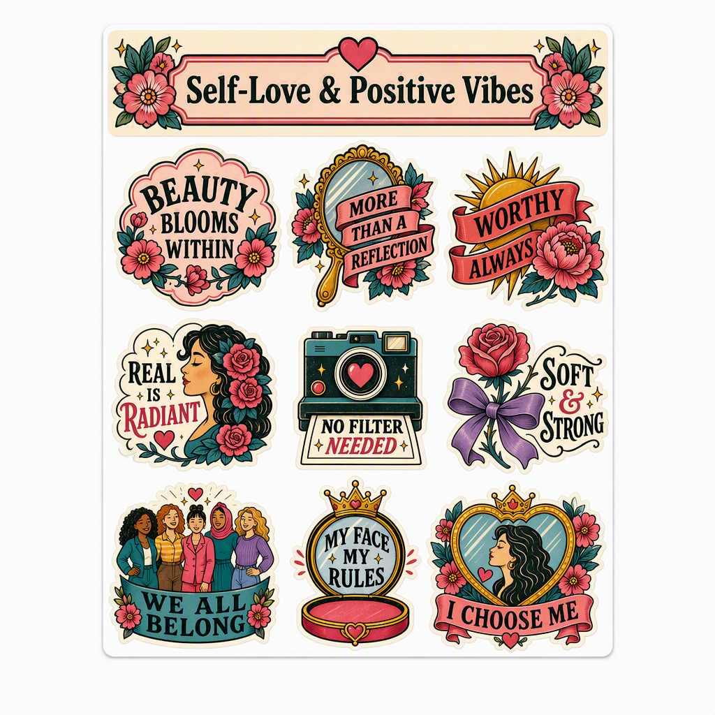 Groovy Self-Love & Positive Vibes waterproof vinyl sticker pack – 9 designs