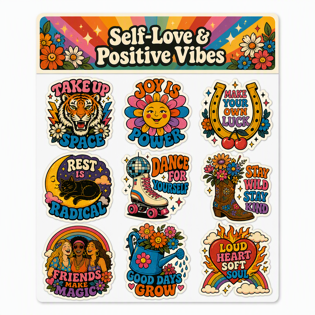 Groovy Self-Love & Positive Vibes waterproof vinyl sticker pack – 9 designs