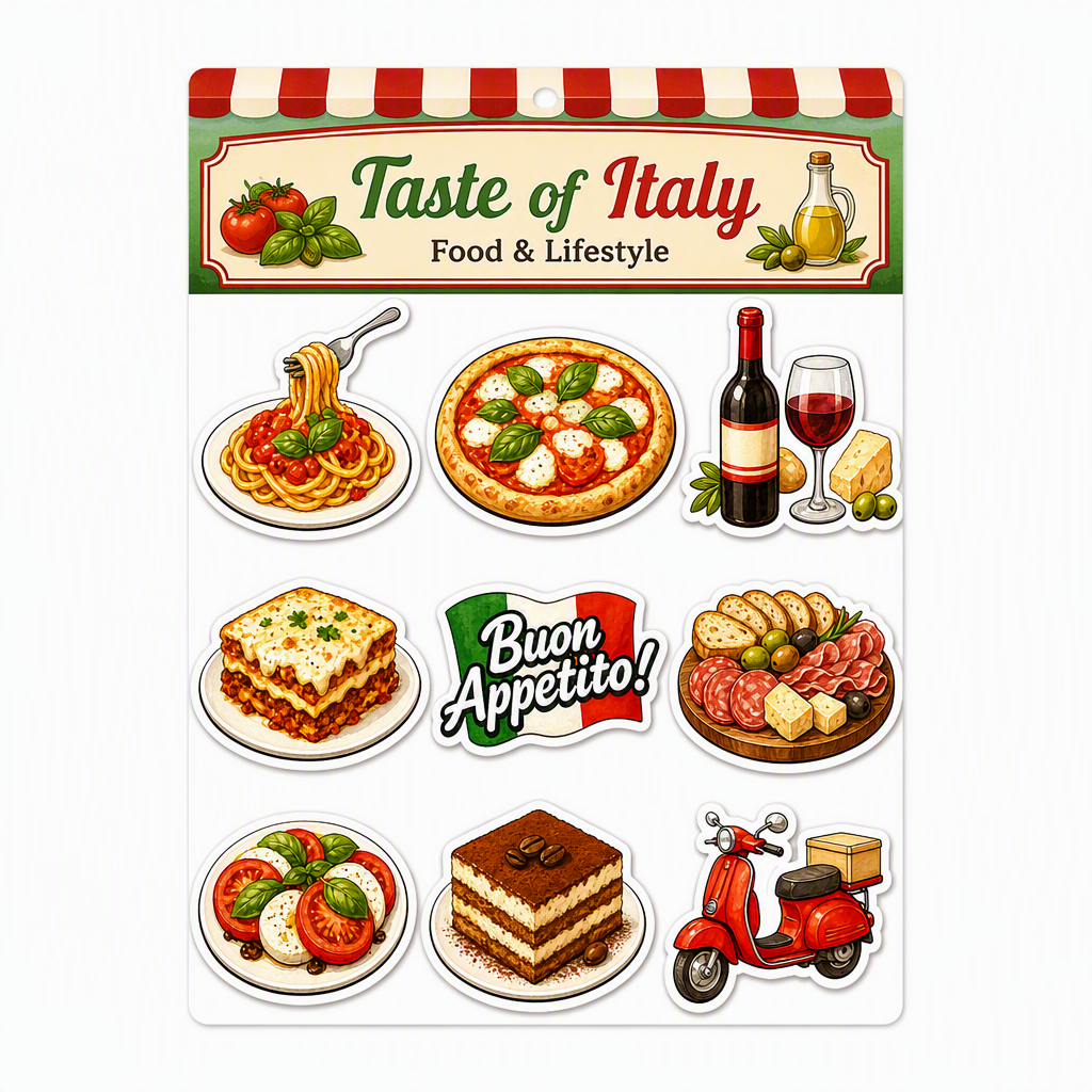 Taste of Italy Food & Lifestyle waterproof vinyl sticker pack – 9 designs