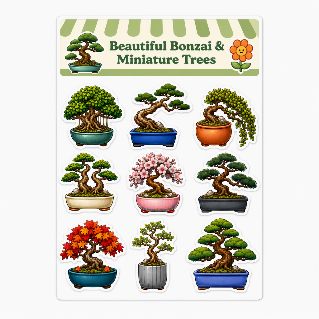 Beautiful Bonsai & Miniature Trees waterproof vinyl sticker pack – 9 designs