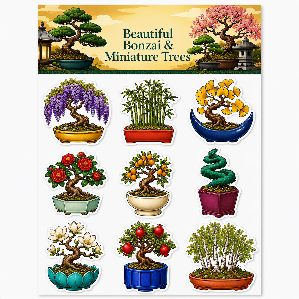 Beautiful Bonsai & Miniature Trees waterproof vinyl sticker pack – 9 designs