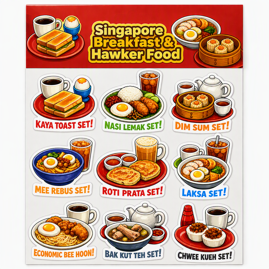 Singapore Breakfast & Hawker Food waterproof vinyl sticker pack – 9 designs
