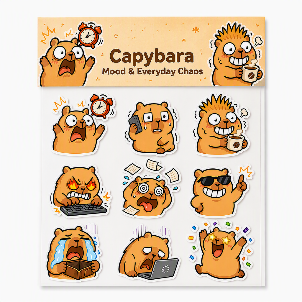 Capybara Mood & Everyday Chaos waterproof vinyl sticker pack – 9 designs