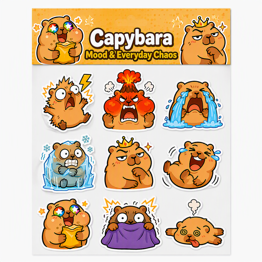 Capybara Mood & Everyday Chaos waterproof vinyl sticker pack – 9 designs