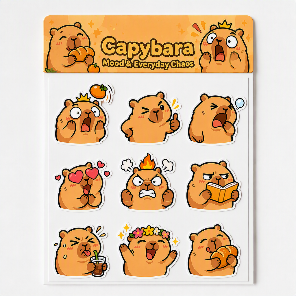 Capybara Mood & Everyday Chaos waterproof vinyl sticker pack – 9 designs