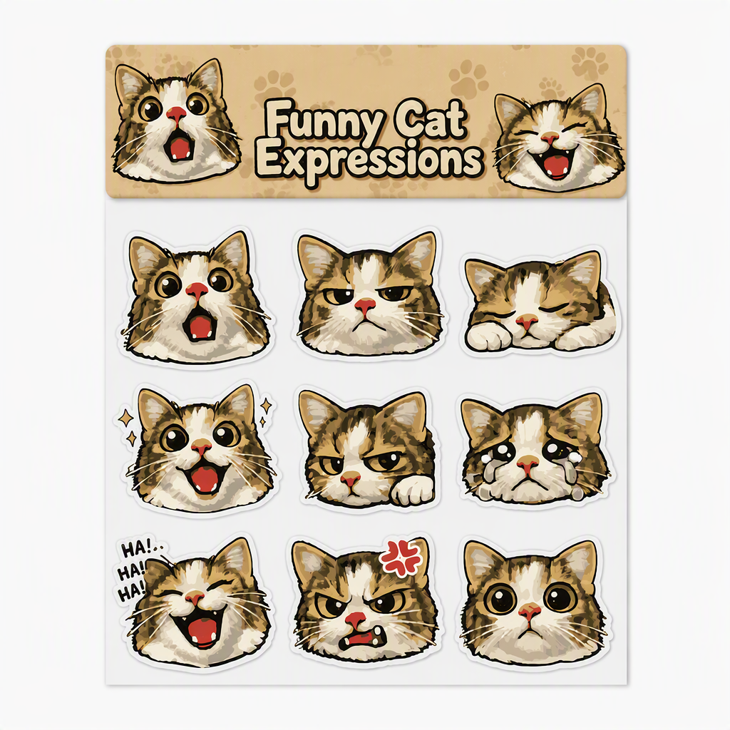 Funny Cat Expressions waterproof vinyl sticker pack – 9 designs