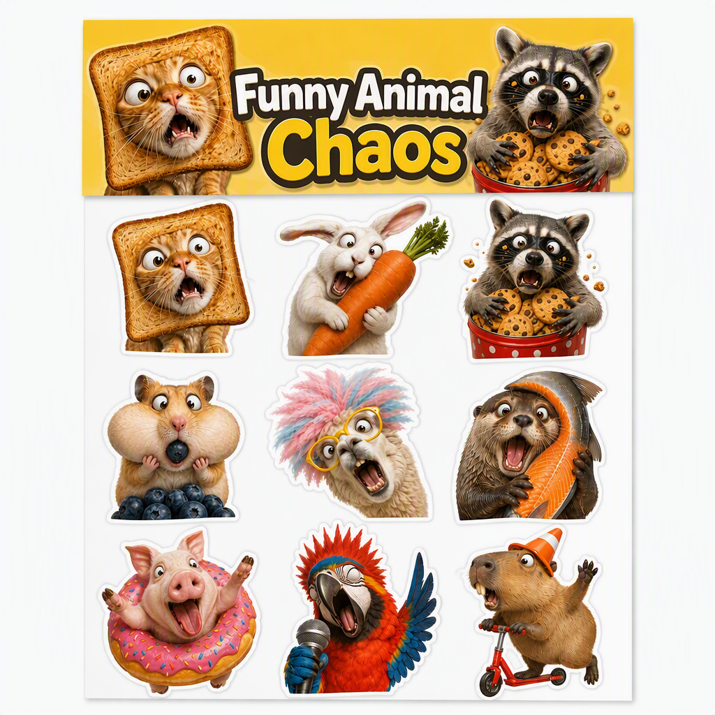 Funny Animal Chaos waterproof vinyl sticker pack – 9 designs
