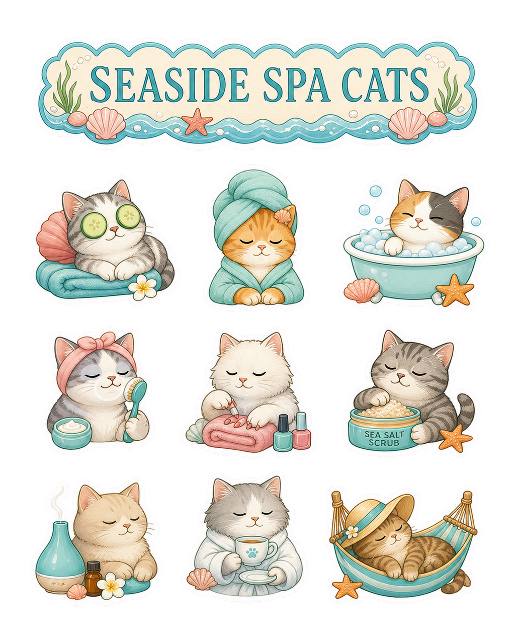 Seaside Spa Cats Sticker Pack