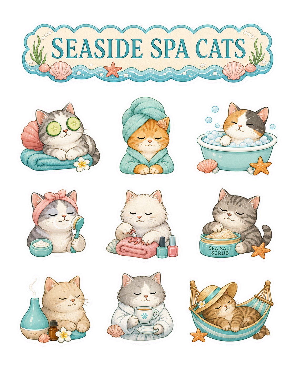 Seaside Spa Cats Sticker Pack