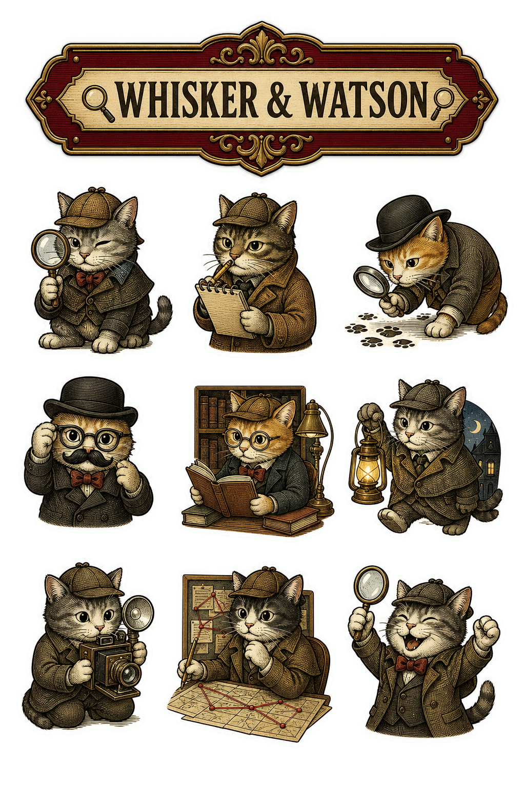 Whisker & Watson Detective Cats Sticker Pack