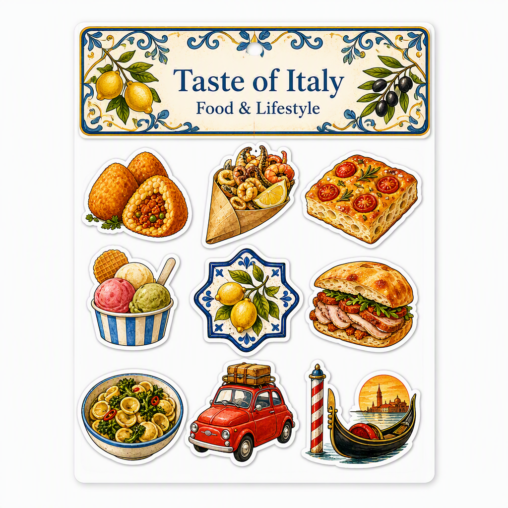 Taste of Italy Food & Lifestyle waterproof vinyl sticker pack – 9 designs