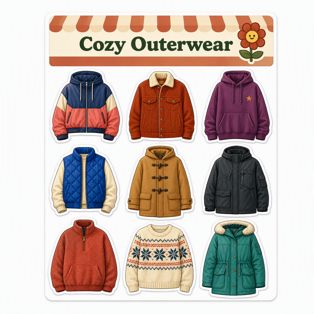Cozy Outerwear waterproof vinyl sticker pack – 9 designs