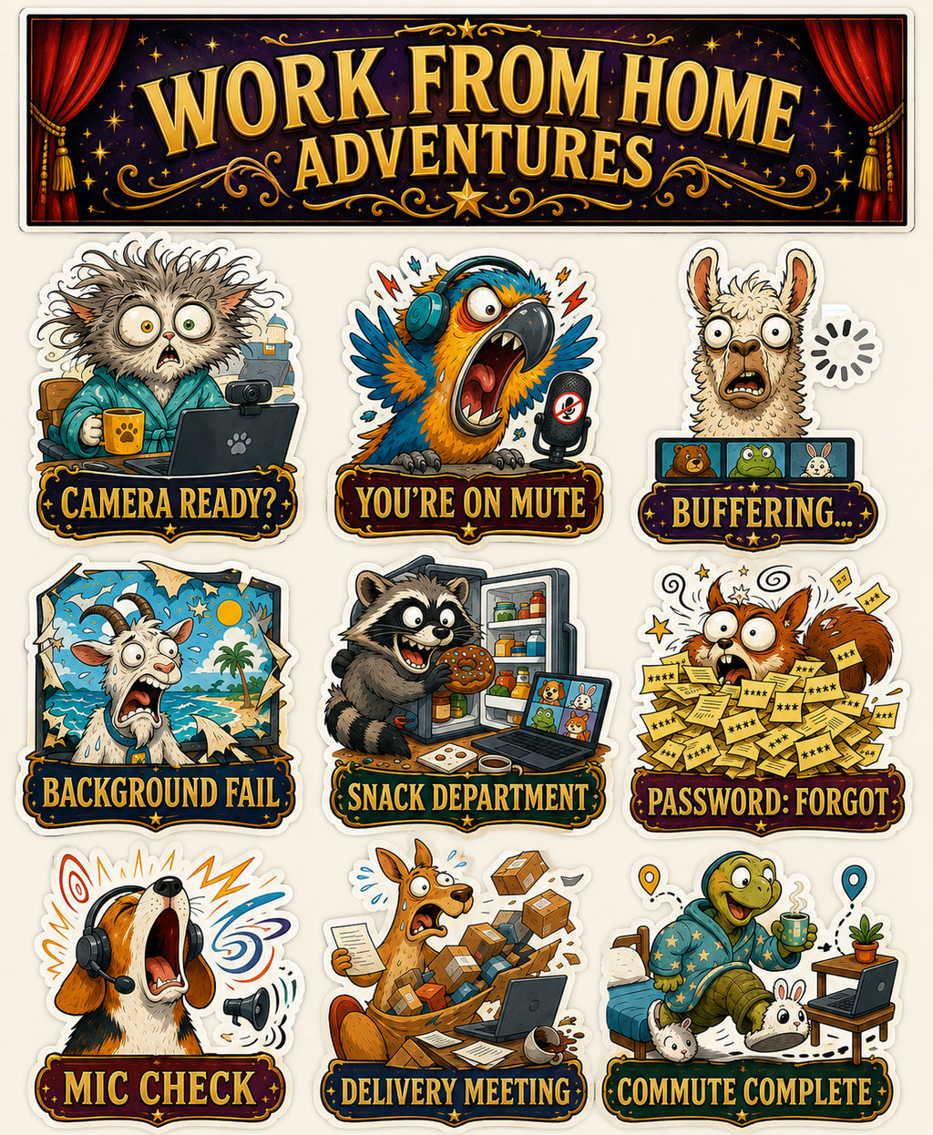 Office Animals & Workplace Chaos waterproof vinyl sticker pack – 9 designs