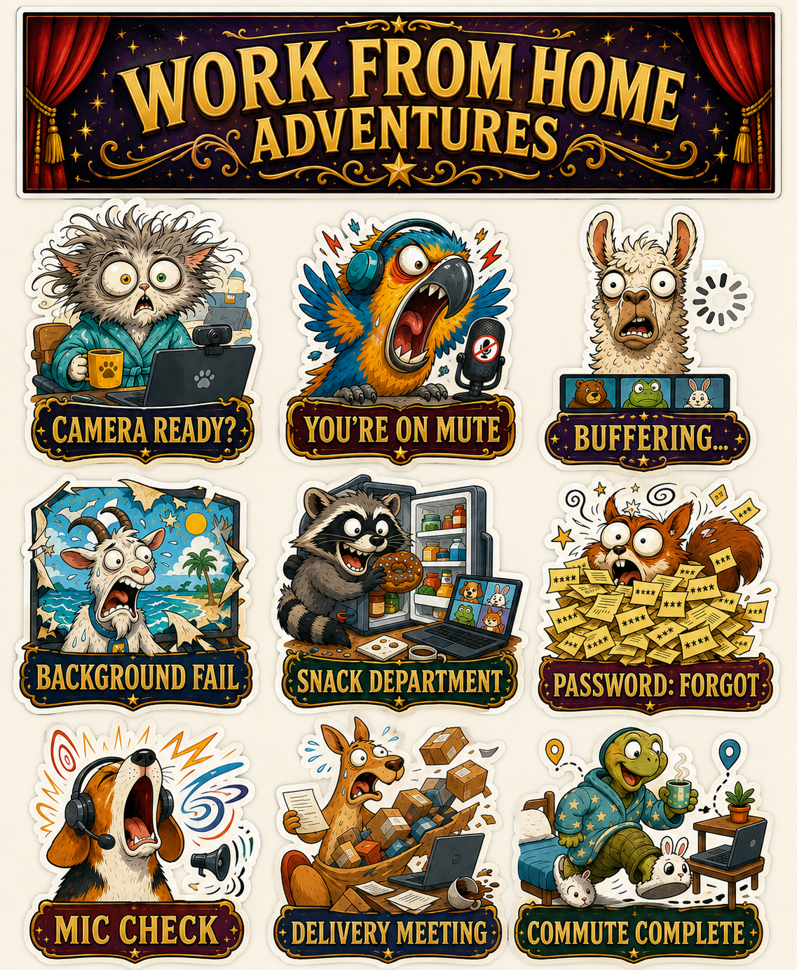 Office Animals & Workplace Chaos waterproof vinyl sticker pack – 9 designs