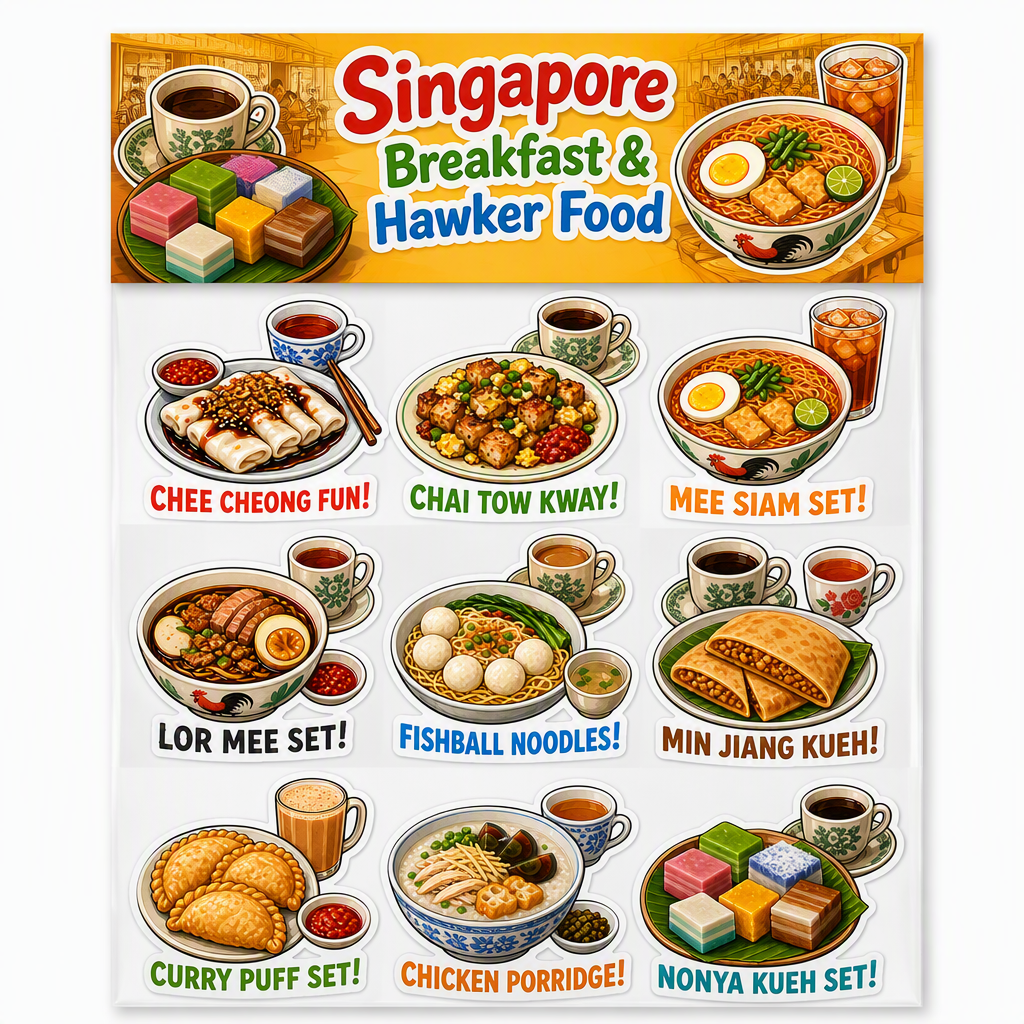 Singapore Breakfast & Hawker Food waterproof vinyl sticker pack – 9 designs