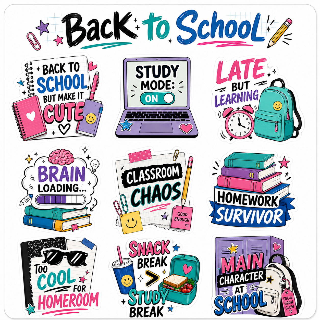 Back-to-School waterproof vinyl sticker pack – 9 designs