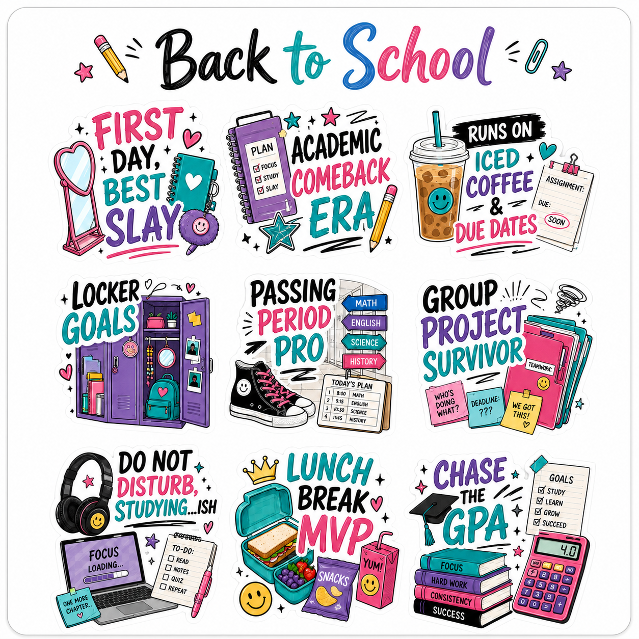 Back-to-School waterproof vinyl sticker pack – 9 designs