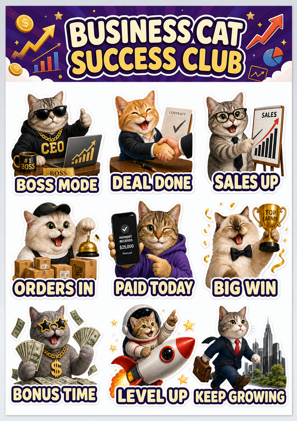 Lucky Cat Wealth & Success waterproof vinyl sticker pack – 9 designs