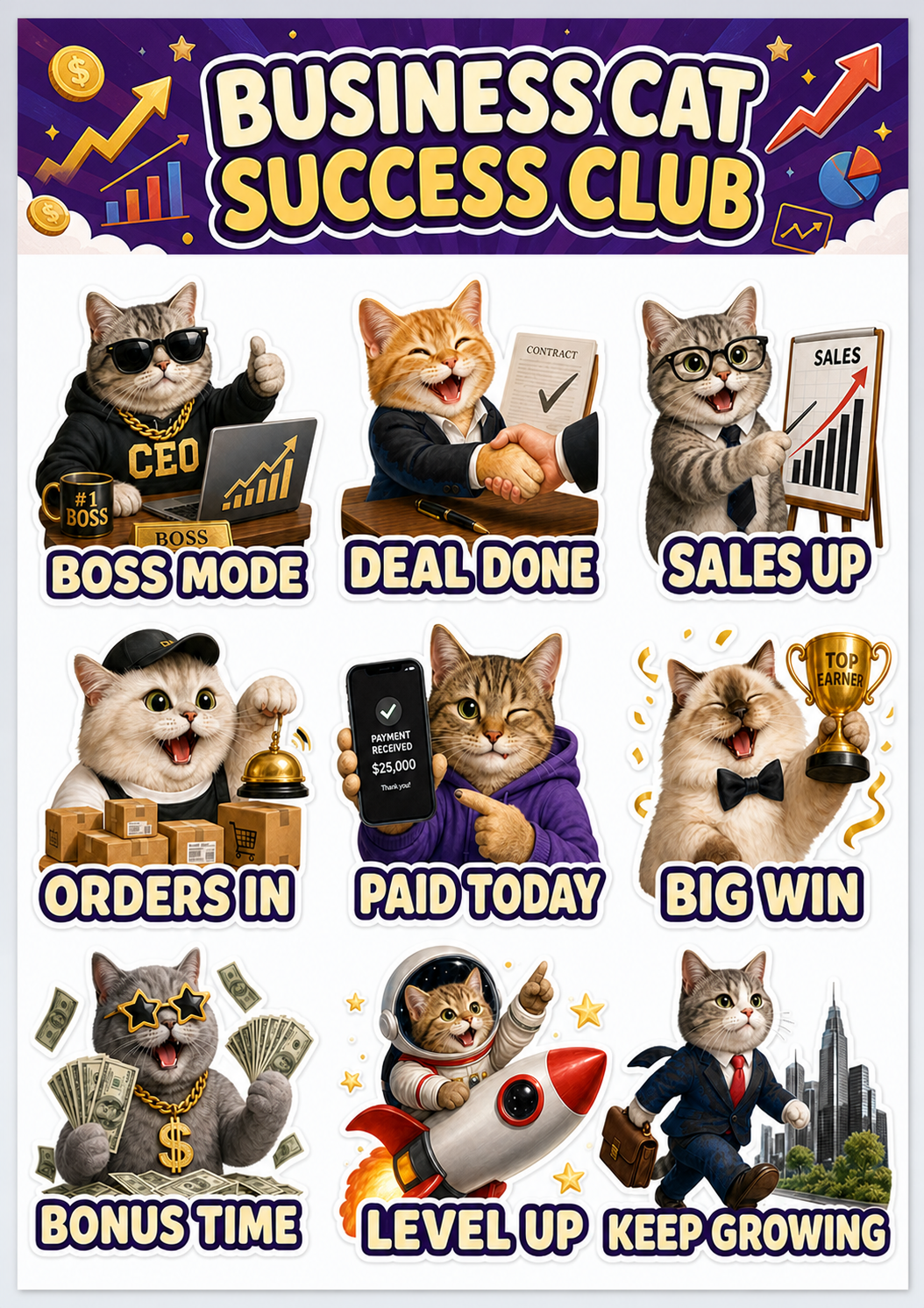 Lucky Cat Wealth & Success waterproof vinyl sticker pack – 9 designs