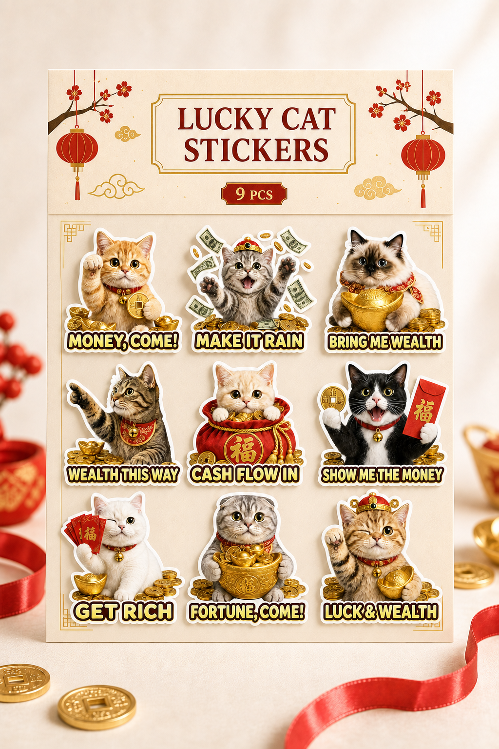Lucky Cat Wealth & Success waterproof vinyl sticker pack – 9 designs