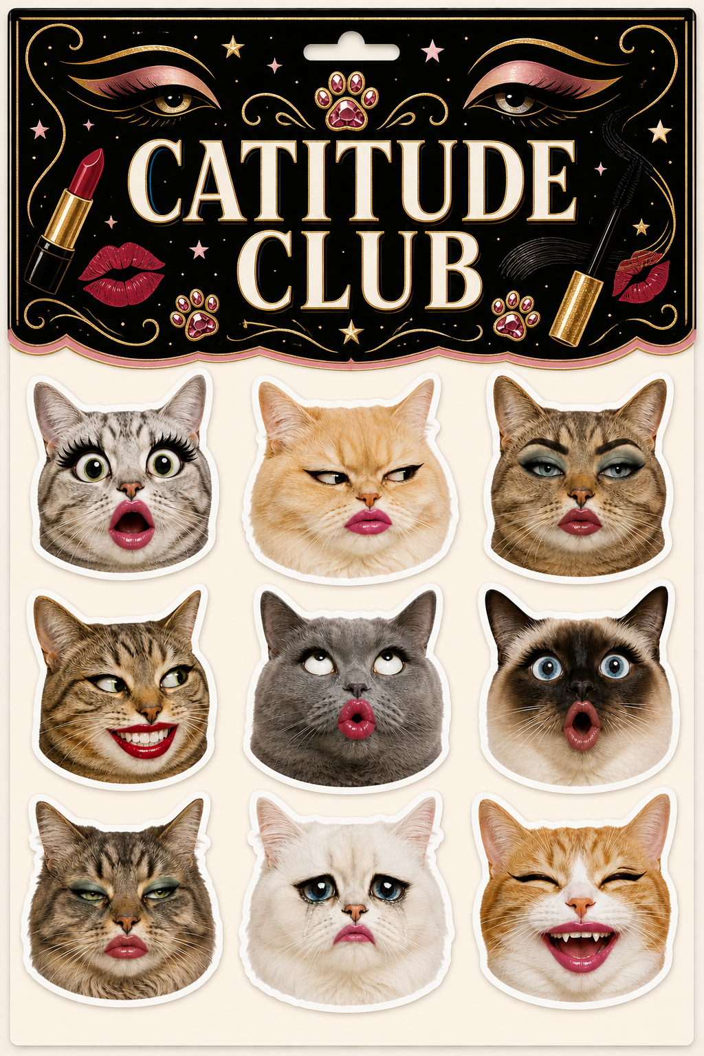 Sassy Cat Faces waterproof vinyl sticker pack – 9 designs