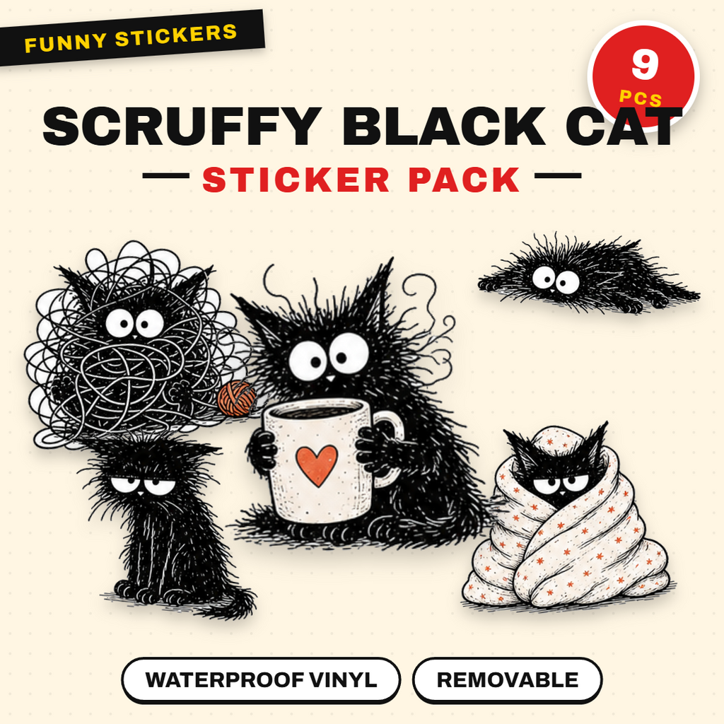 Scruffy Black Cat Sticker Pack