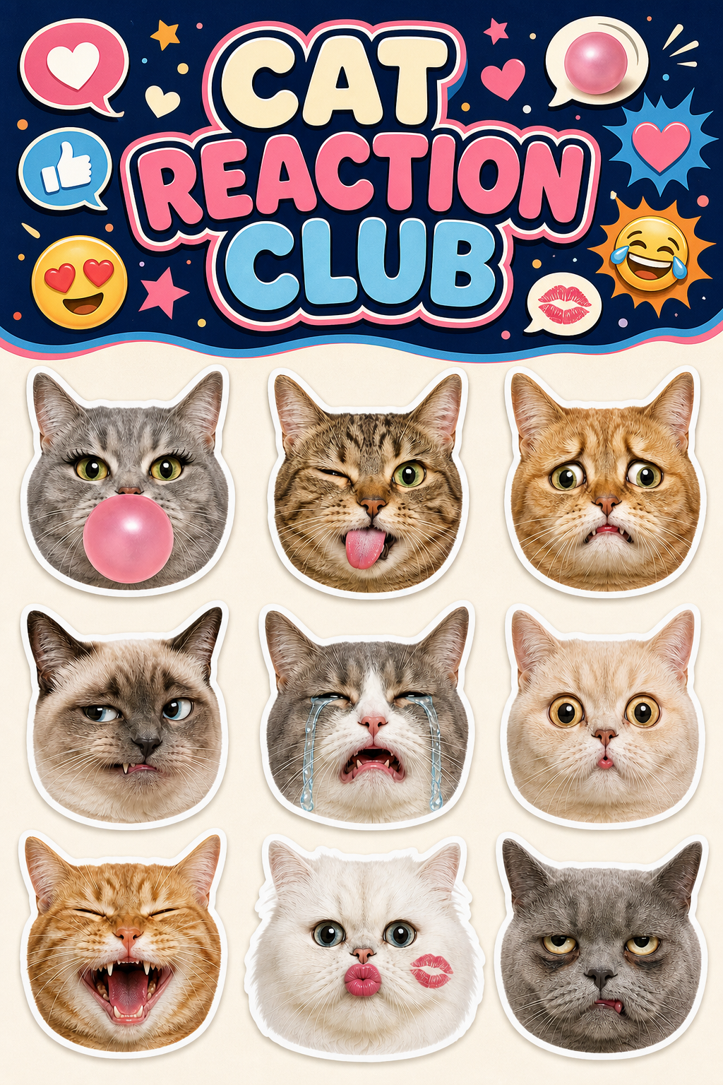 Sassy Cat Faces waterproof vinyl sticker pack – 9 designs