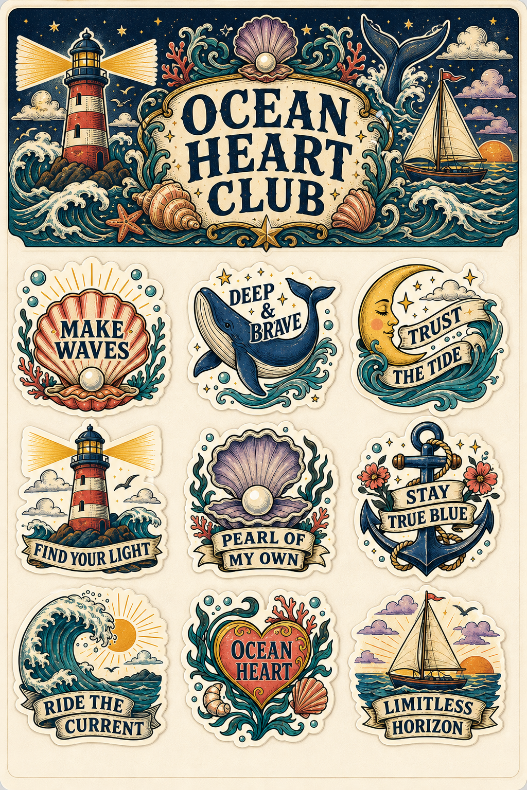 Ocean waterproof vinyl sticker pack – 9 designs