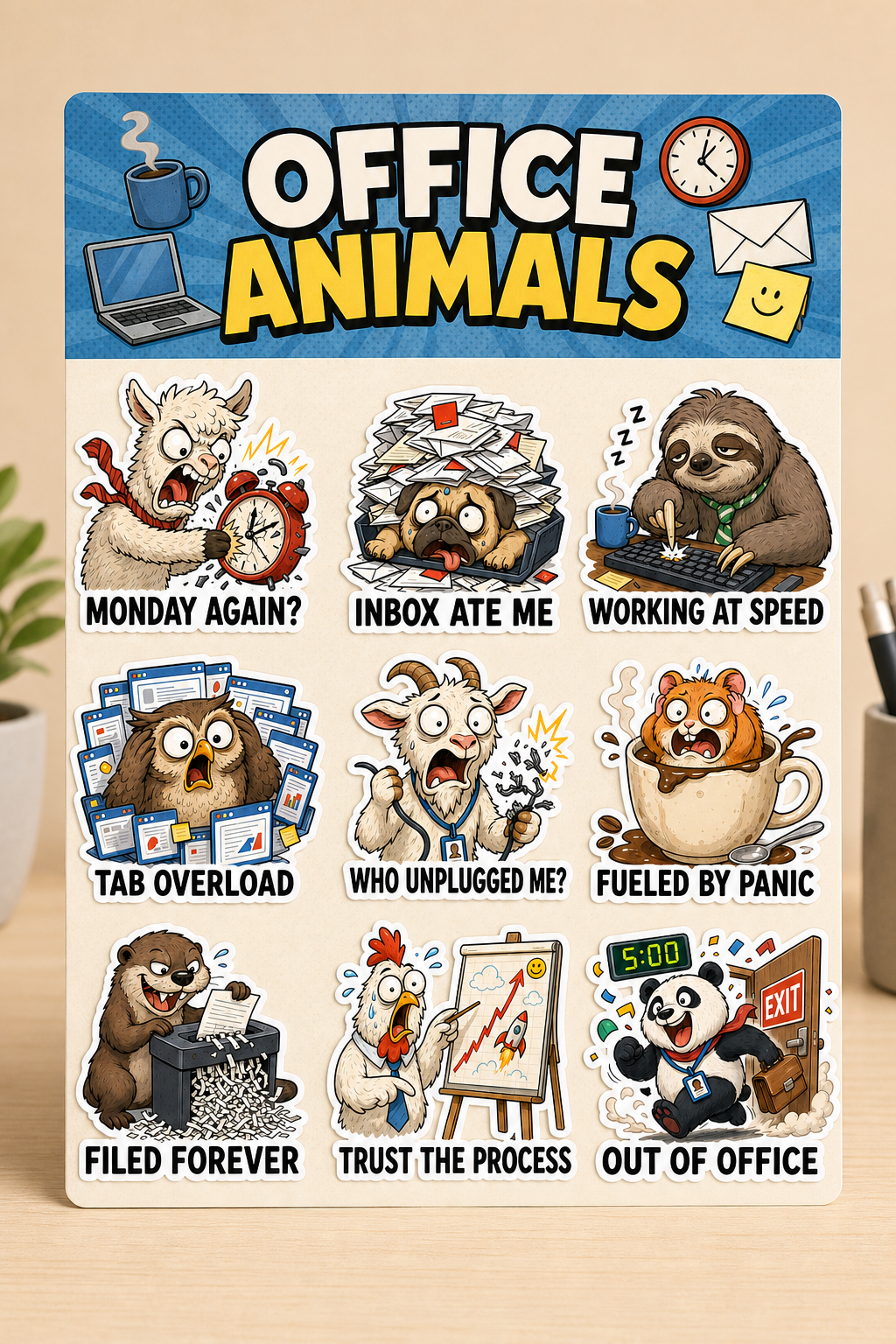 Office Animals & Workplace Chaos waterproof vinyl sticker pack – 9 designs