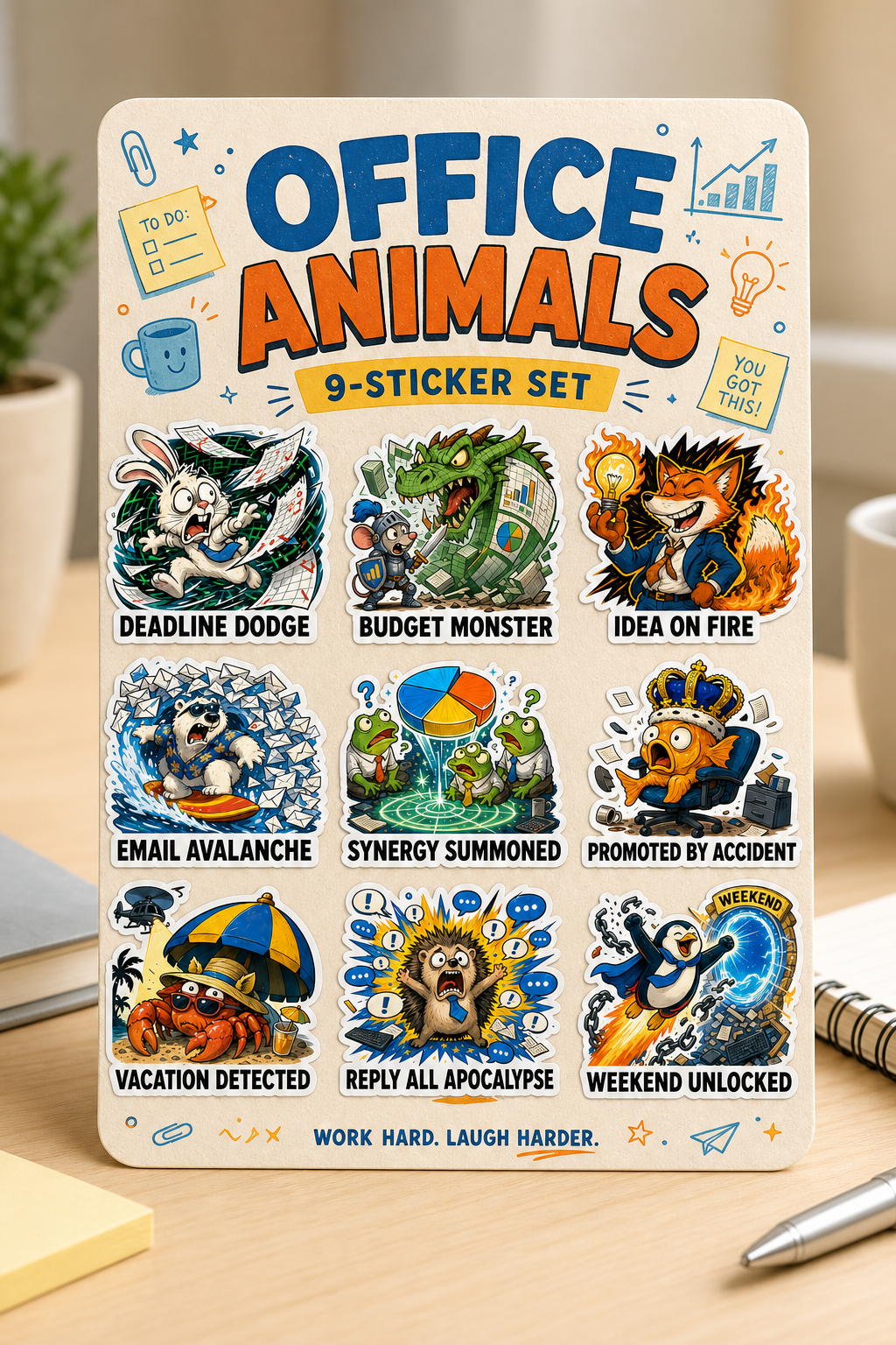 Office Animals & Workplace Chaos waterproof vinyl sticker pack – 9 designs