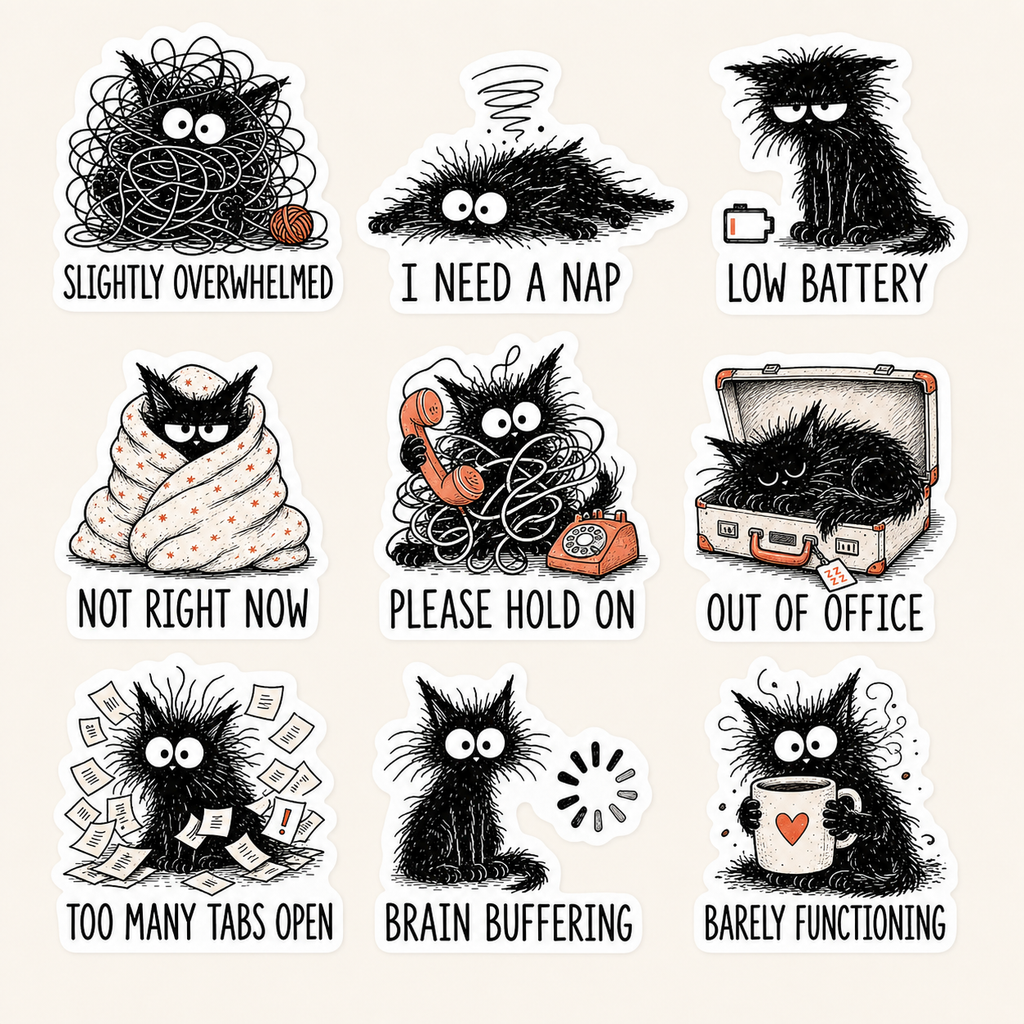 Scruffy Black Cat Sticker Pack