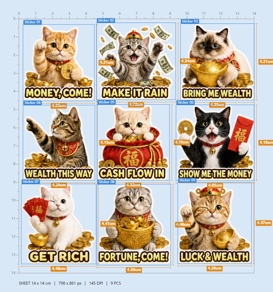 Lucky Cat Wealth & Success Waterproof Sticker Pack