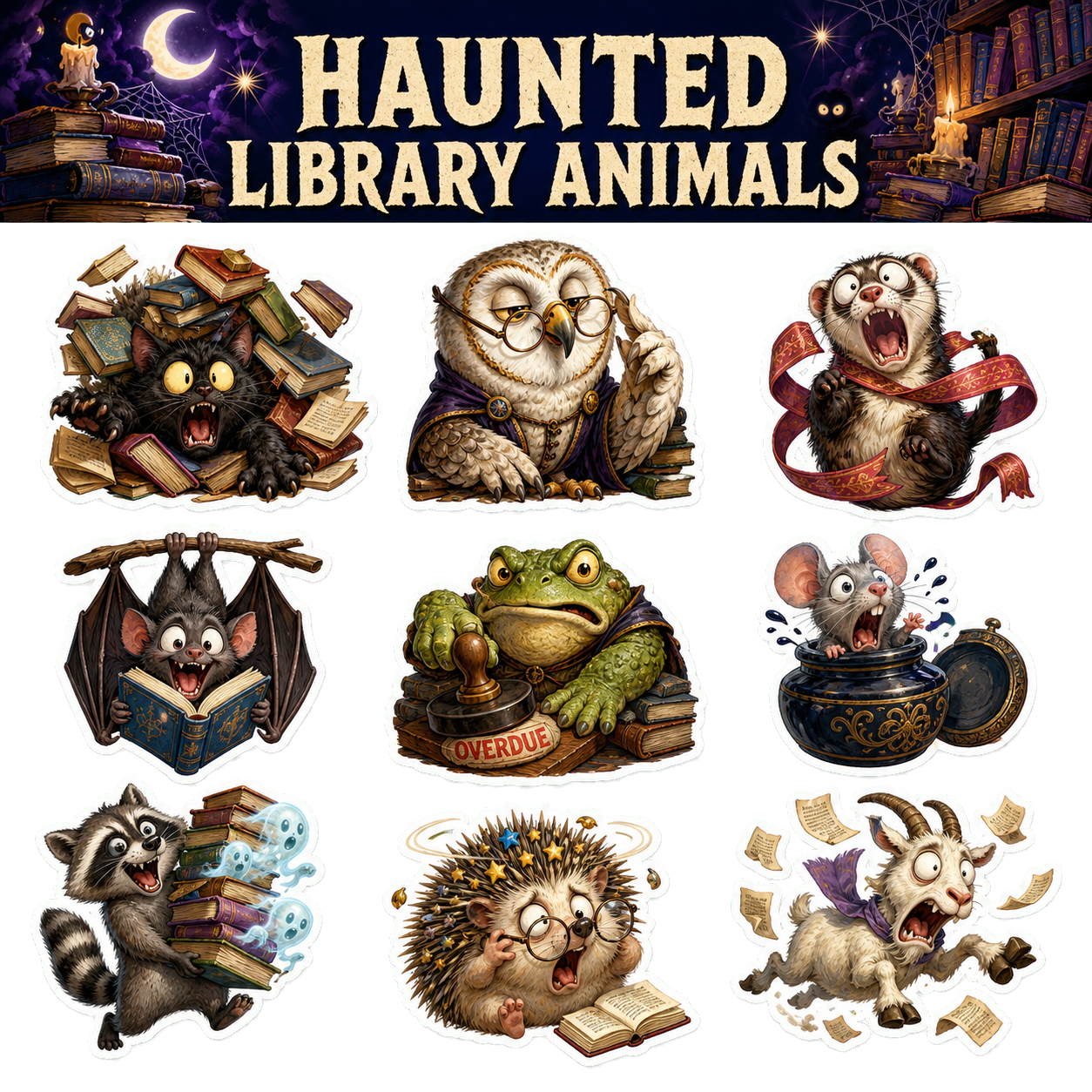Haunted Library Animals Sticker Pack