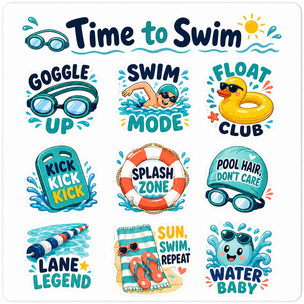 Swimming Fun waterproof vinyl sticker pack – 9 designs